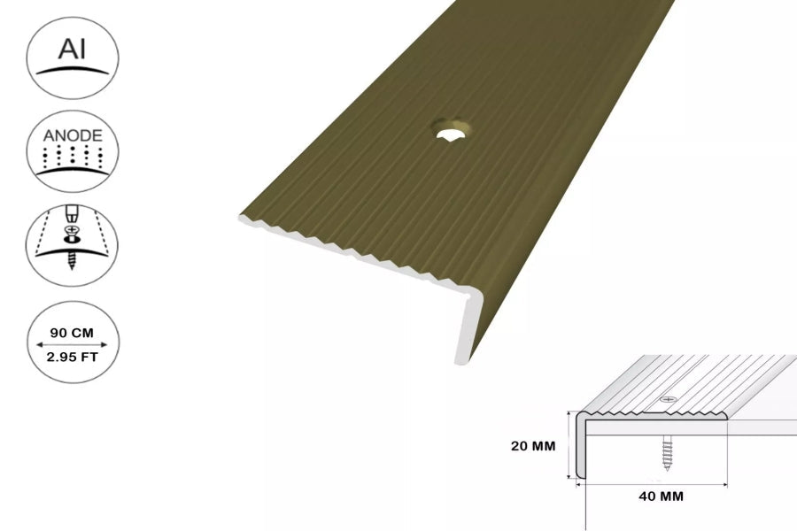 Aluminium Stair Nosing 40 MM x 20 MM x 0.9 M Length Wide Grooved Anti-Slip Profile - IP40