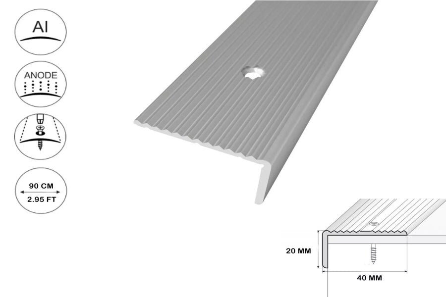 Aluminium Stair Nosing 40 MM x 20 MM x 0.9 M Length Wide Grooved Anti-Slip Profile - IP40